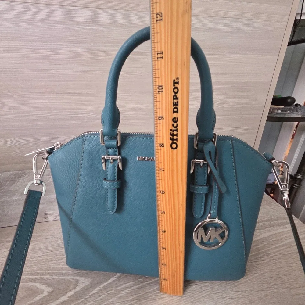 Michael Kors Ciara Medium Satchel Women Teal Blue Saffiano Leather Crossbody Bag